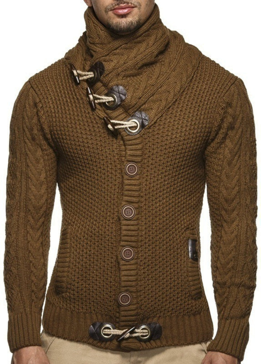 Brown knitted sweater with button details on a white background