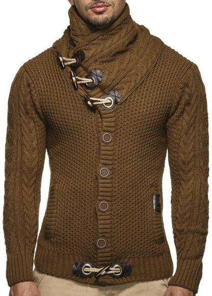Brown knitted sweater with button details on a white background