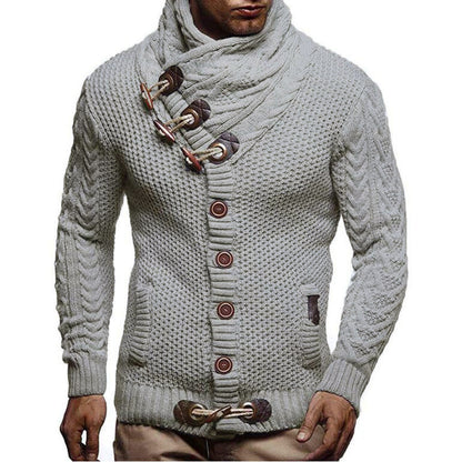 Gray knitted sweater with button details on a white background