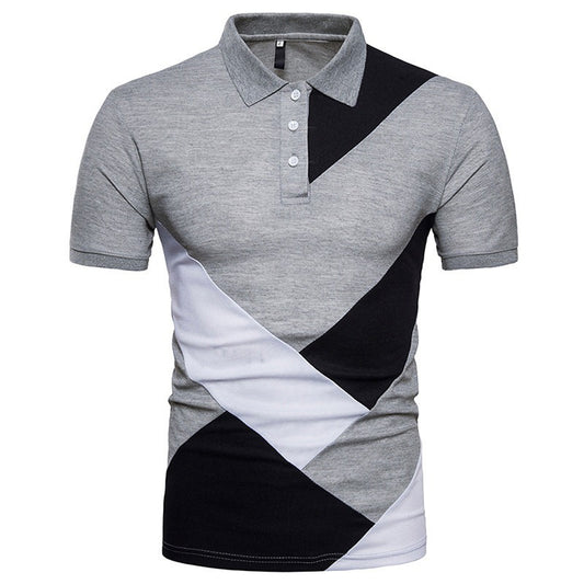 A men's casual short-sleeve polo shirt in black, white, and gray geometric pattern.