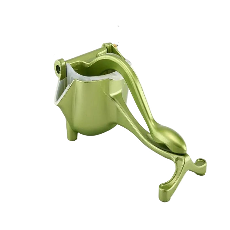 Green manual juicer with dimensions labeled on a white background