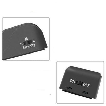 Two black electronic components with sensitivity and power indicators on a white background