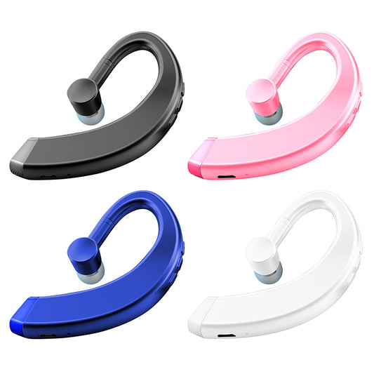 Four wireless earbuds in black, pink, blue, and white on a white background