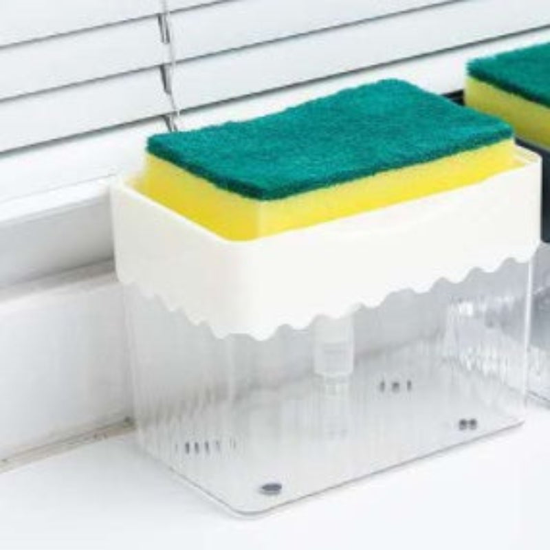 Stack of cleaning sponges with a white container on a white surface.