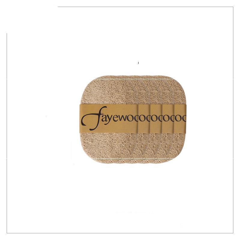 Cork coaster with dimensions and 'fayewocococo' branding on a white background