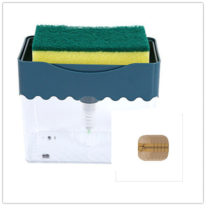 Wall-mounted sponge holder with two sponges inside, showing a measurement inset and brand logo.