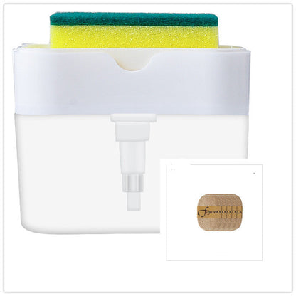 White cleaning brush holder with green and yellow sponge, inset showing dimensions and brand logo.