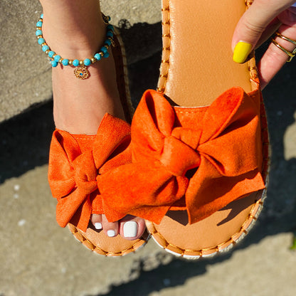 New Bow Sandals Women Bow Flat Sandals Beach Outdoor Slippers Solid Color Sandals In Stock