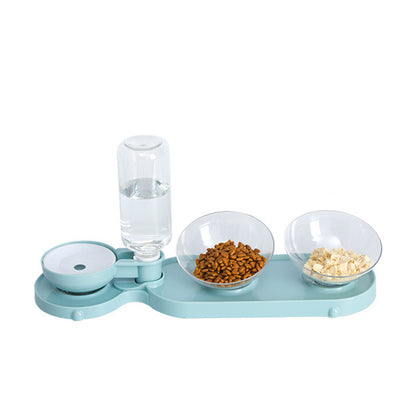 Pet feeding station with water bottle and food bowls on a white background