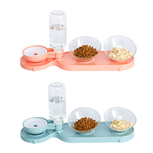 Pet feeding station with water bottles and food bowls on a white background