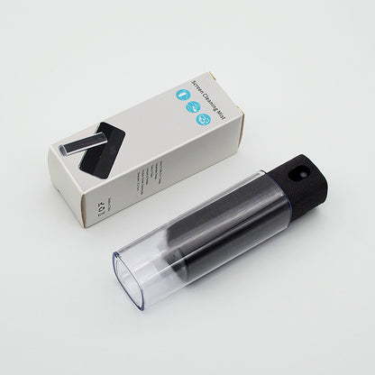 An advertisement showing a 2-in-1 screen cleaner with a spray bottle and a built-in microfiber wipe, being used to clean a smartphone screen.