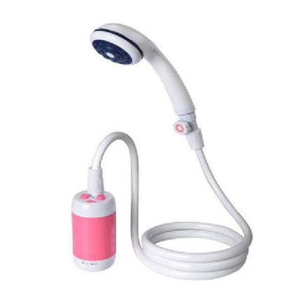 White handheld shower with flexible hose and pink base on a white background