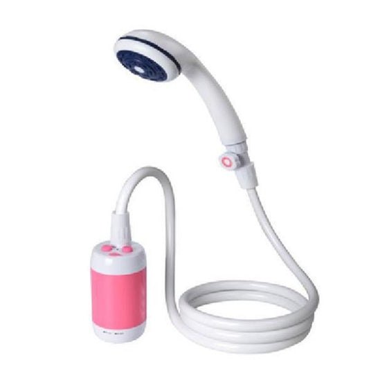 White handheld shower with flexible hose and pink base on a white background
