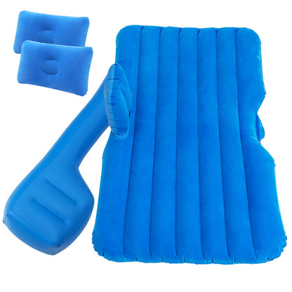 Blue inflatable travel pillow and seat with two neck pillows on a white background