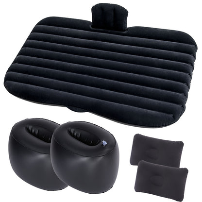 Set of black inflatable travel accessories including a seat pad, headrest, and footrest on a white background.