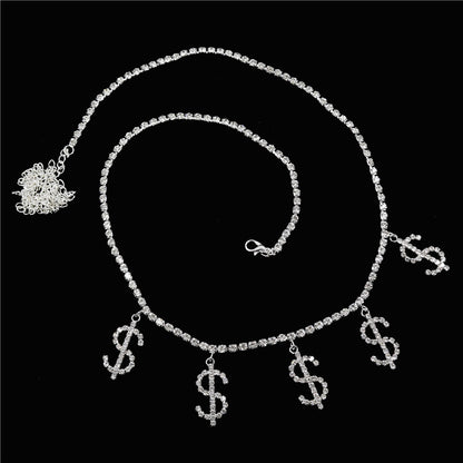 Silver necklace with dollar sign charms on a black background
