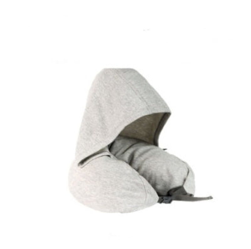 Gray travel pillow with a hood on a white background