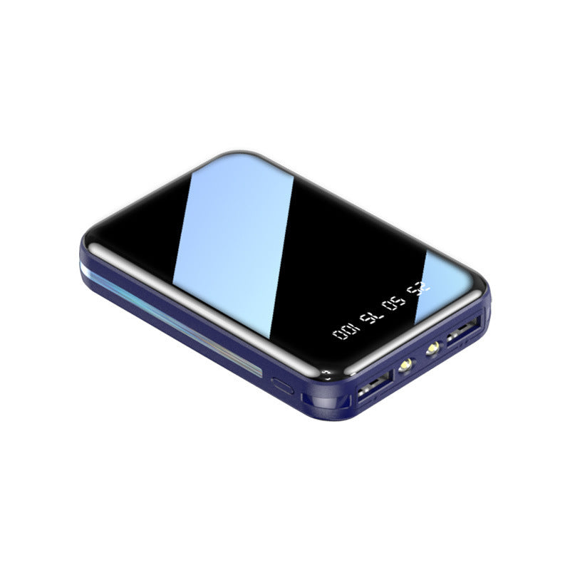Blue portable phone charger with a reflective surface on a white background