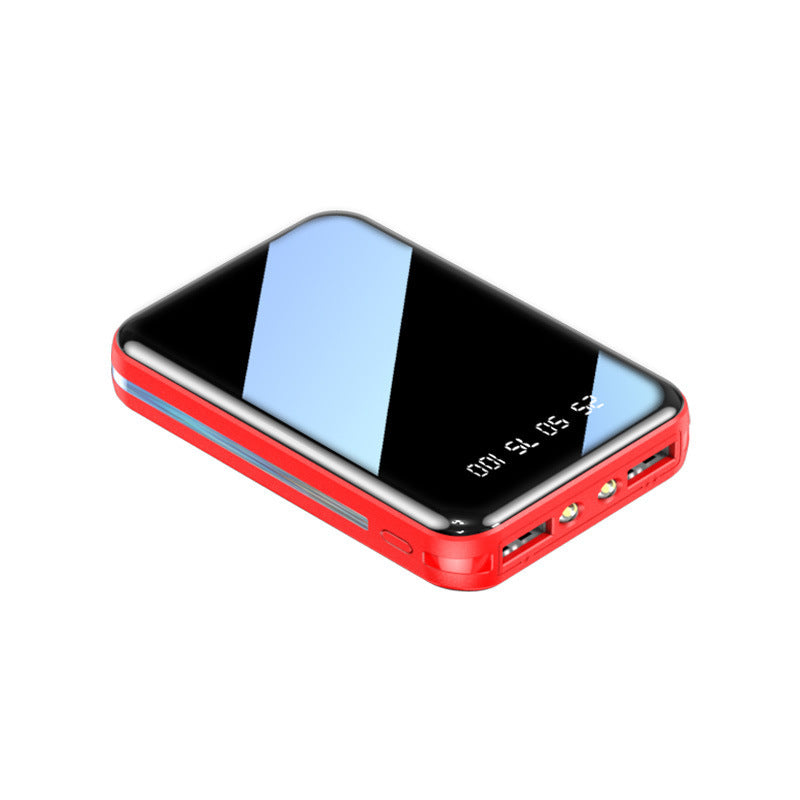 Red portable phone charger with a black screen on a white background