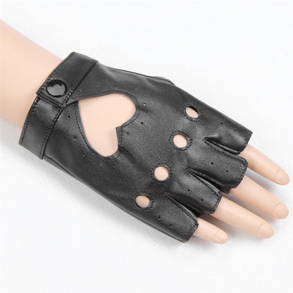 A pair of white half-finger gloves with heart cut-outs, displayed on a mannequin hand against a black background.