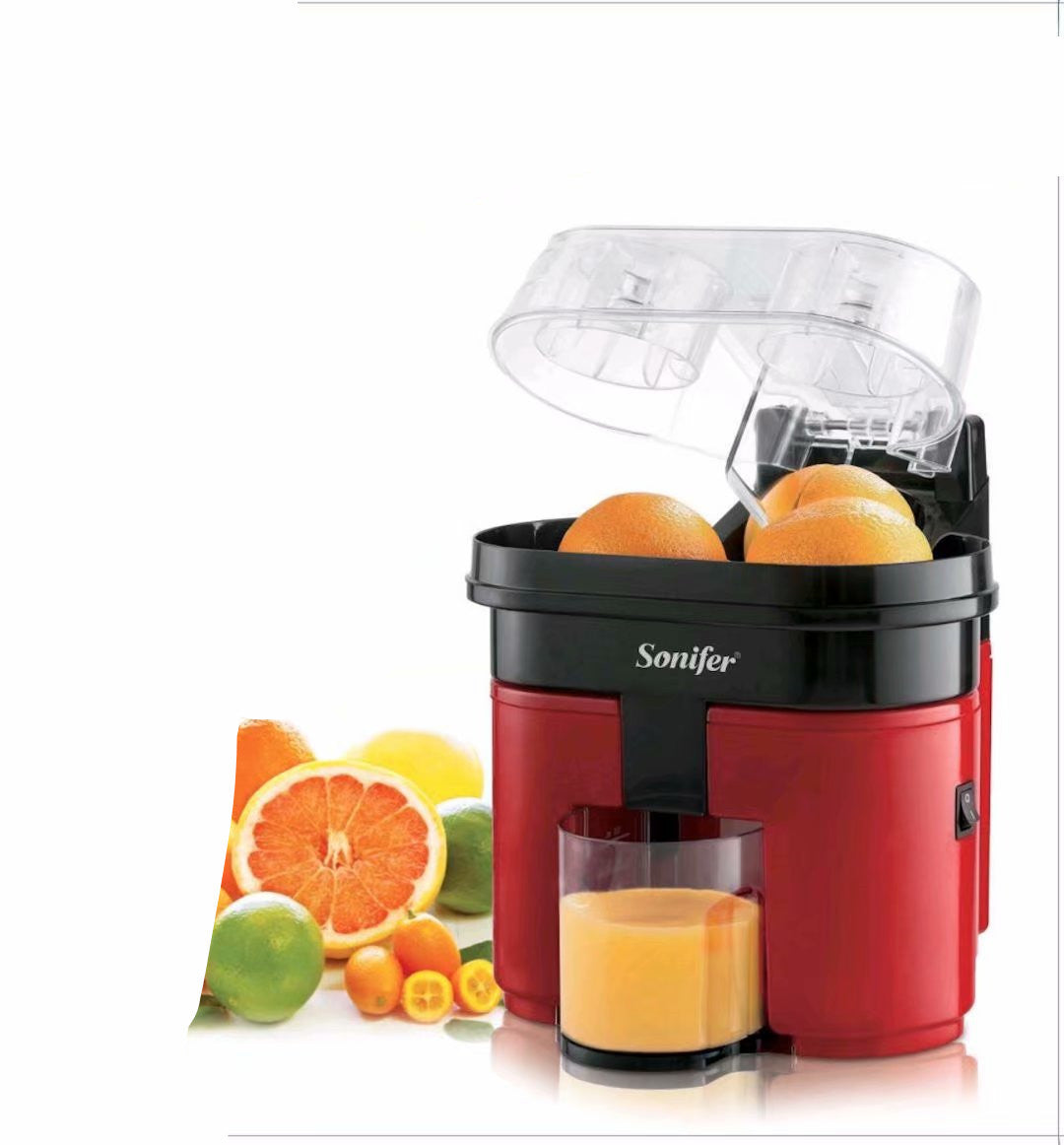Red and black Sonifer juicer with oranges and a glass of juice on a white background