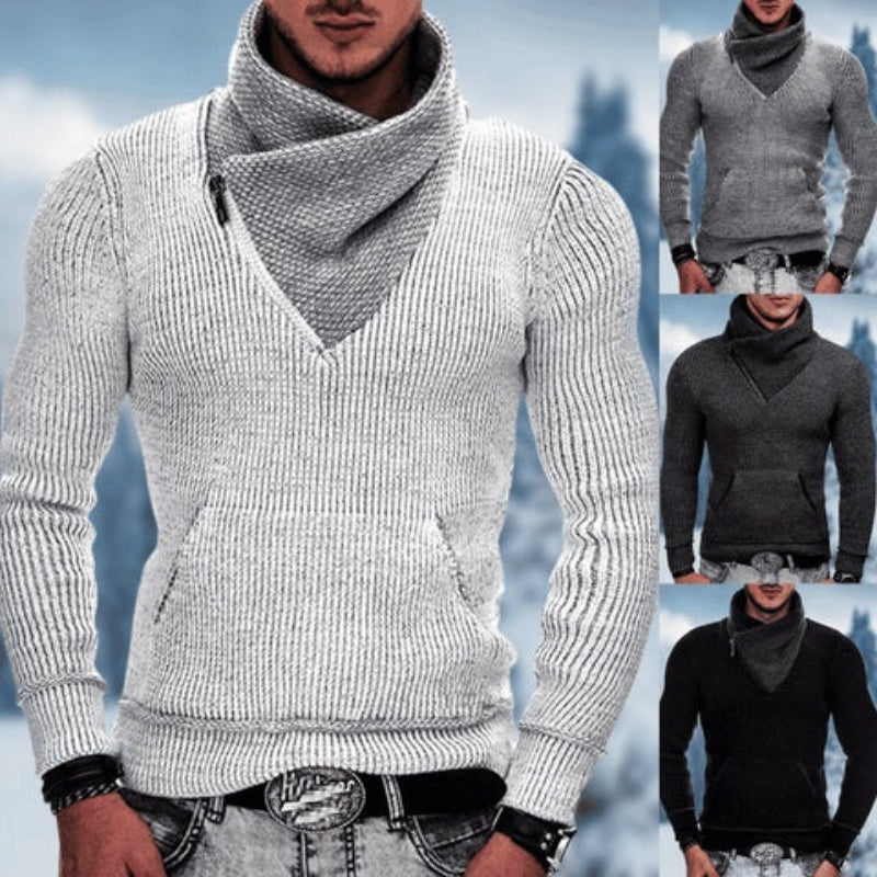 Gray knitted sweater with a high collar worn by a person, with additional images of the sweater in different colors.