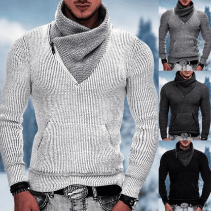Gray knitted sweater with a high collar worn by a person, with additional images of the sweater in different colors.