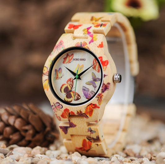 BOBO BIRD O20 Butterfly Print Women’s Bamboo Quartz Watch
