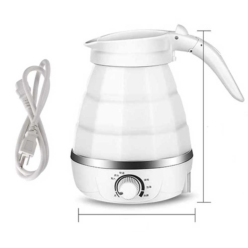 White electric kettle with dimensions labeled on a white background