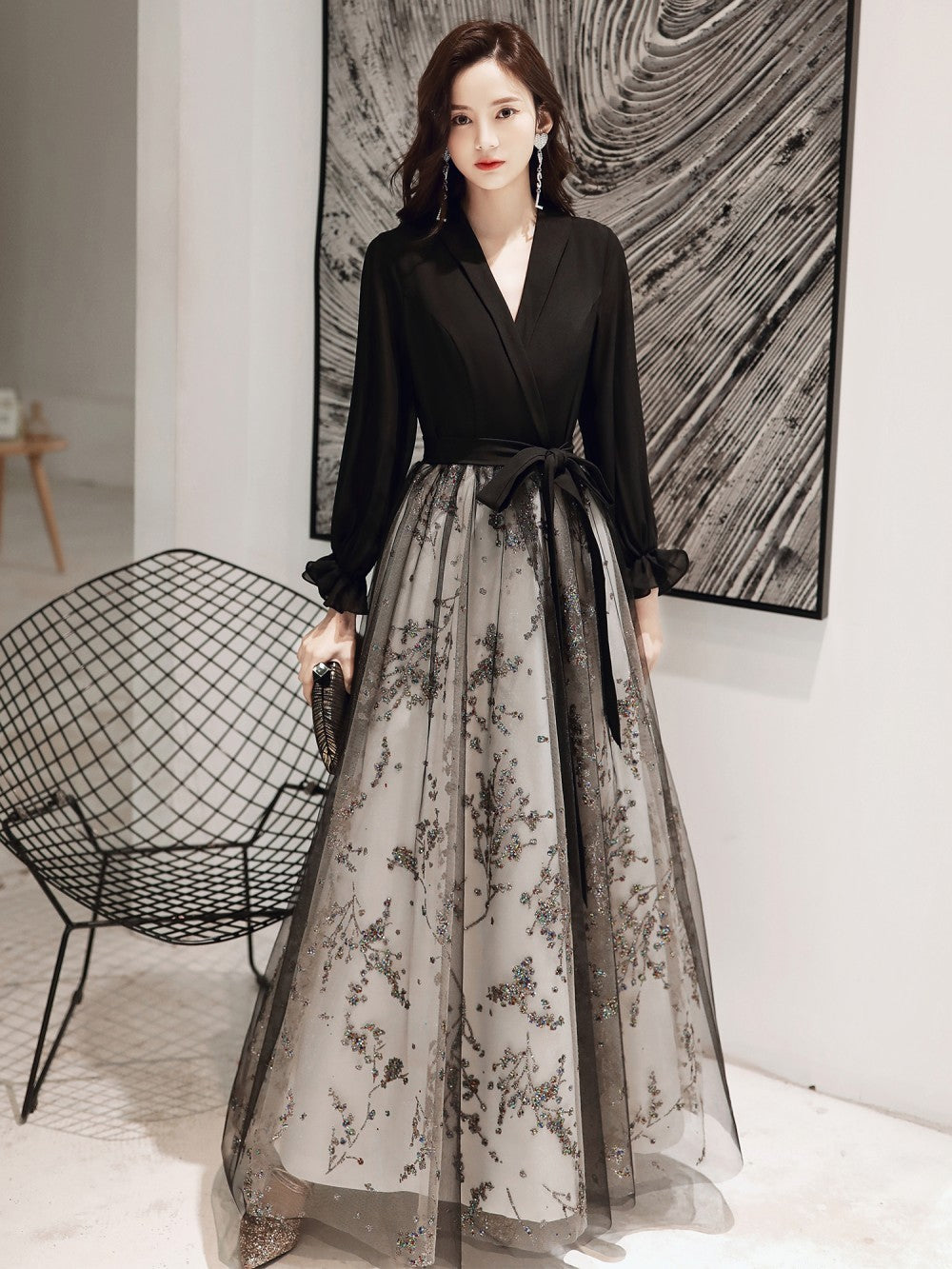 Black Evening Gown Women's Long Host Performance Formal Dress