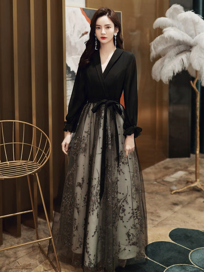 Black Evening Gown Women's Long Host Performance Formal Dress
