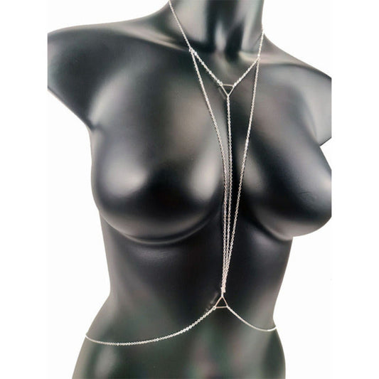 Silver body chain on a black mannequin