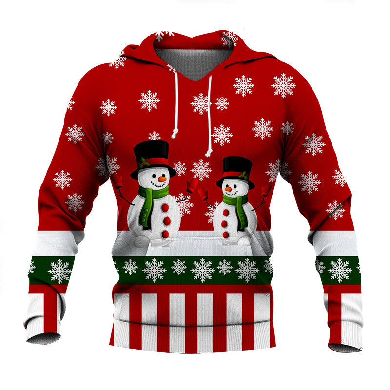 Red hoodie with snowmen and snowflake patterns on a white background