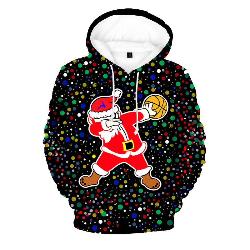 Hoodie with a colorful design of Santa Claus dabbing and holding a basketball on a black background with multicolor polka dots.