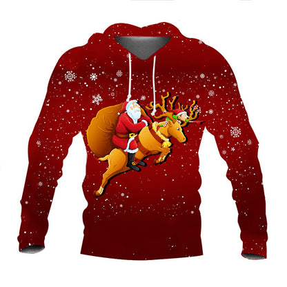 Red hoodie with Santa Claus and reindeer design on a white background