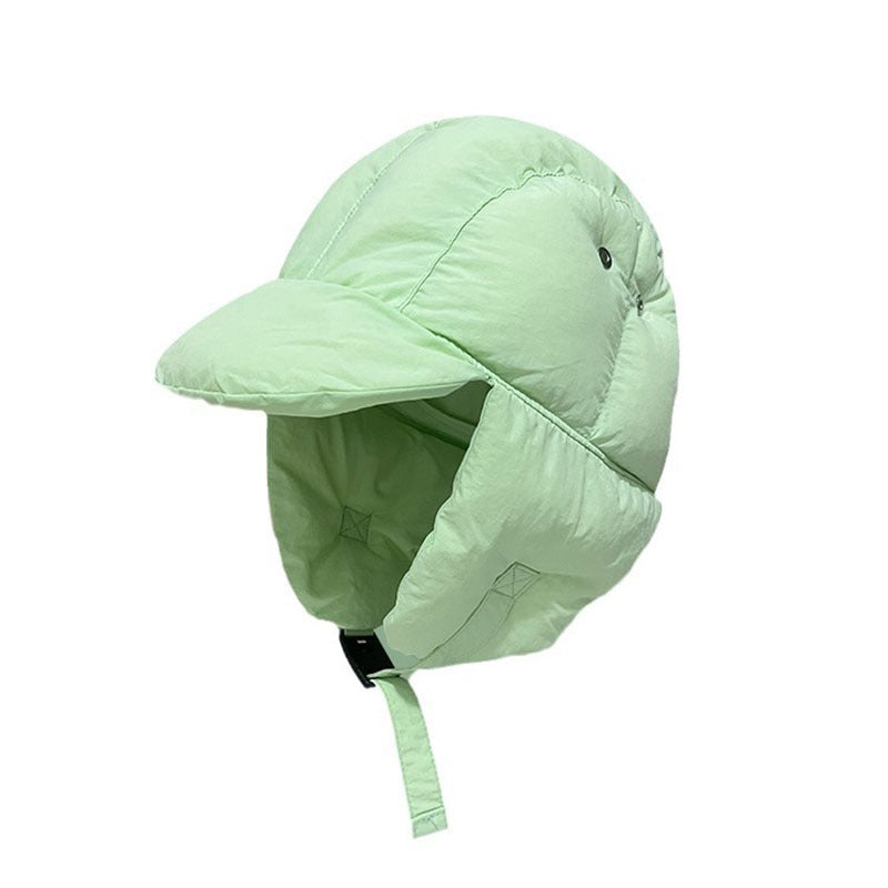 Light green puffer hat with a face shield on a white background
