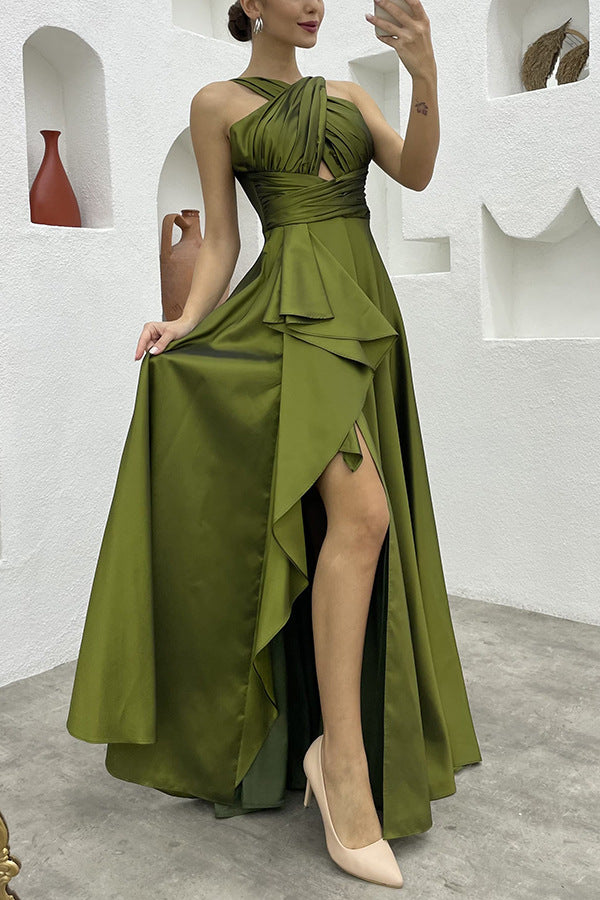Sleeveless Solid Color Irregular Long Dress  Formal For Women