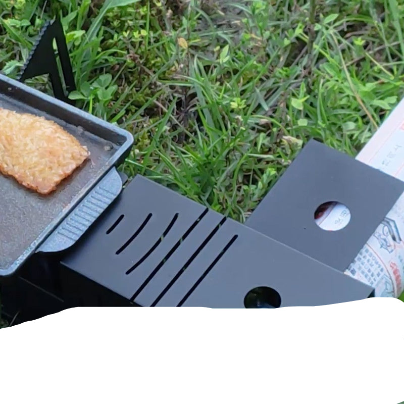 Portable grill on grass with text about its portability and usefulness