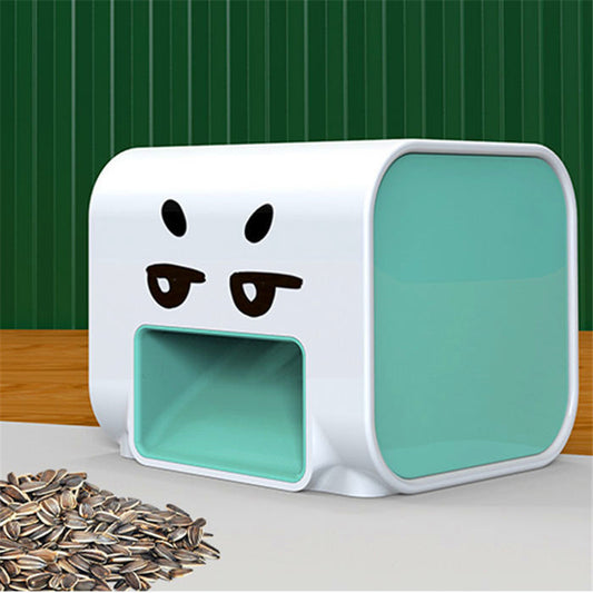 Pet food container with a face design on a green background