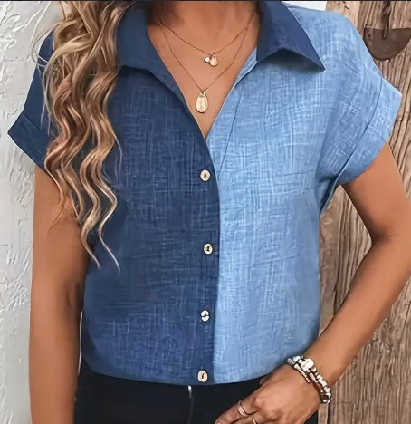 Color Block Button-Up Blouse-Elegant Lapel Neck, Short Sleeve-Stylish for Casual & Office Wear
