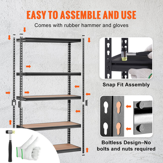 VEVOR Storage Shelving Unit, 5-Tier Adjustable, 2000 Lbs Capacity, Heavy Duty Garage Shelves Metal Organizer Utility Rack, Black,  For Kitchen Pantry Basement Bathroom Laundry