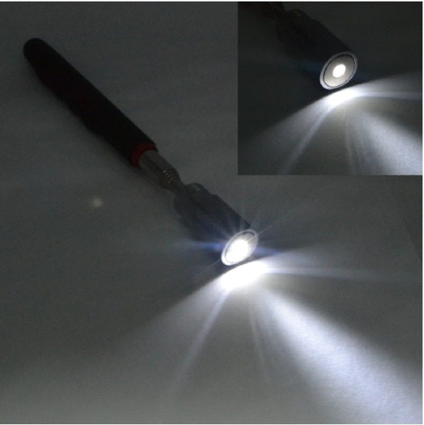 Small flashlight with a close-up inset showing the light beam on a gray background