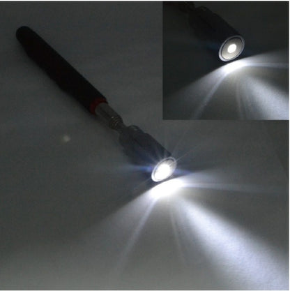 Small flashlight with a close-up inset showing the light beam on a gray background