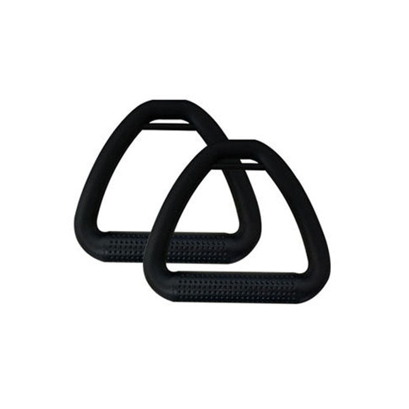 Two black metal D-rings on a white background
