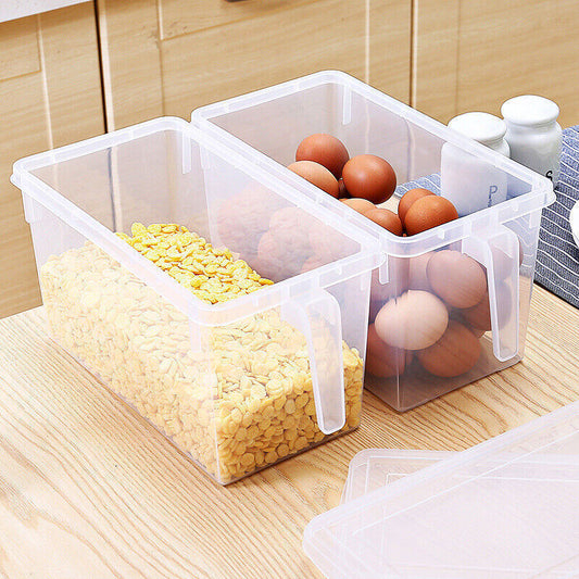 Clear storage box on a kitchen counter with food items inside.