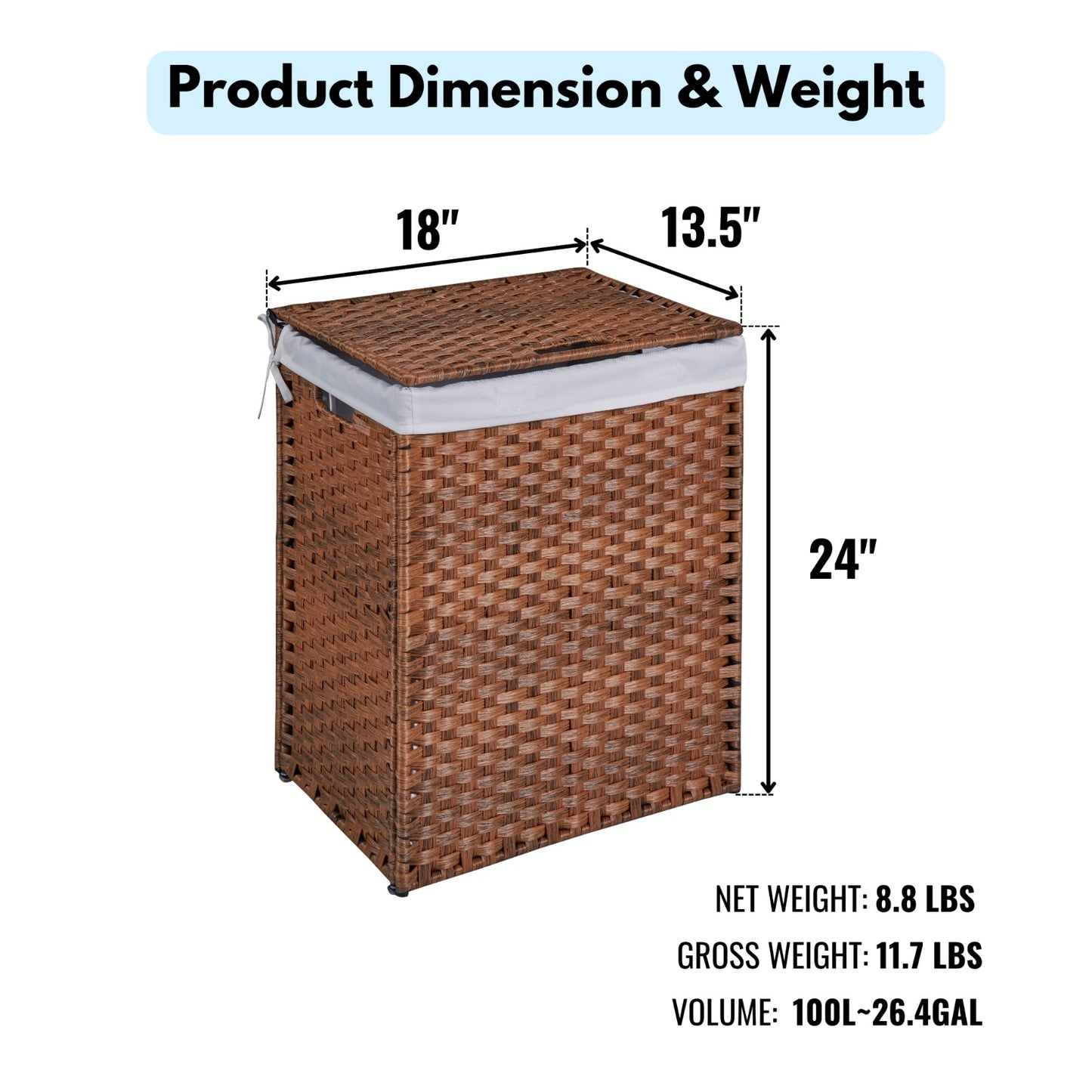 Laundry Hamper With Lid PE Rattan Powder Coating Frame Clothes Hampers With 02 Removable Bags,