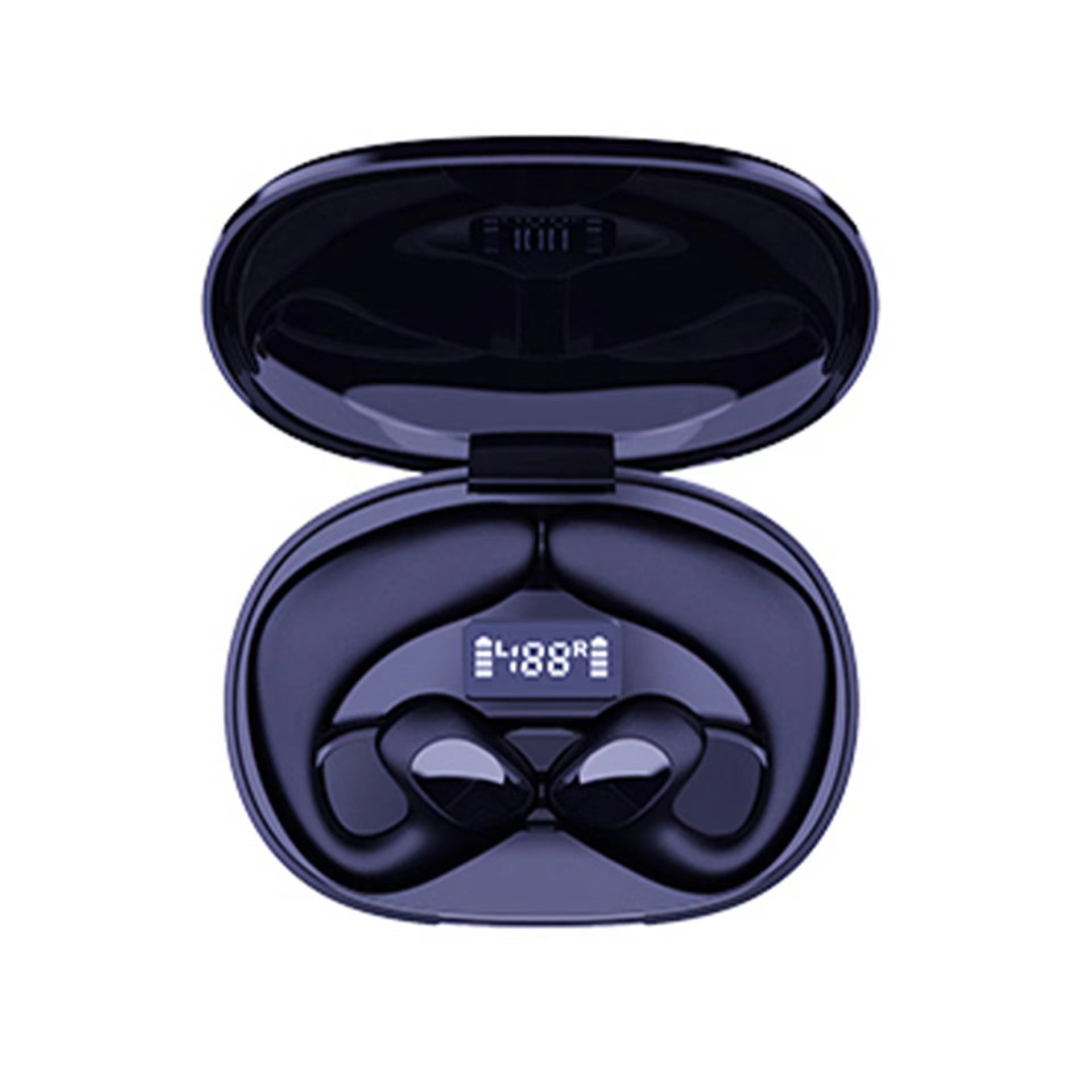 Black wireless earbuds in an open case on a white background