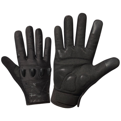 Pair of black tactical gloves on a white background
