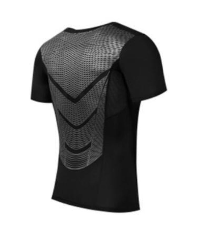 A black long sleeve men's compression shirt with blue geometric patterns on the back.