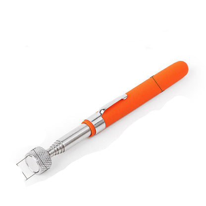 Orange and silver tool with measurement markings on a white background